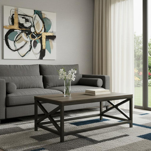 HomeRoots 43" Solid Wood and Iron Coffee Table - Rustic Modern Design for Living, Office, or Bedroom Spaces 657788
