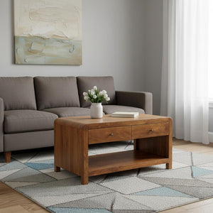 HomeRoots 34" Chestnut Solid Wood Coffee Table with Functional Drawers & Stylish Lower Shelf for Storage 657791