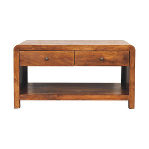 HomeRoots 34" Chestnut Solid Wood Coffee Table with Functional Drawers & Stylish Lower Shelf for Storage 657791