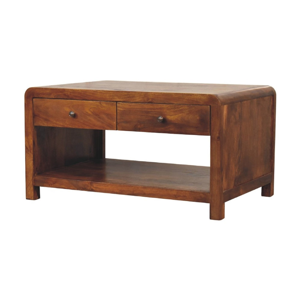 HomeRoots 34" Chestnut Solid Wood Coffee Table with Functional Drawers & Stylish Lower Shelf for Storage 657791