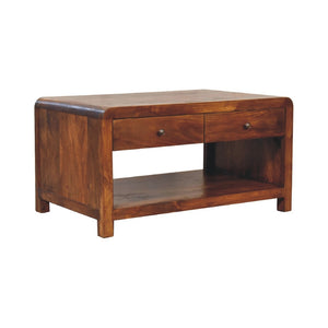 HomeRoots 34" Chestnut Solid Wood Coffee Table with Functional Drawers & Stylish Lower Shelf for Storage 657791