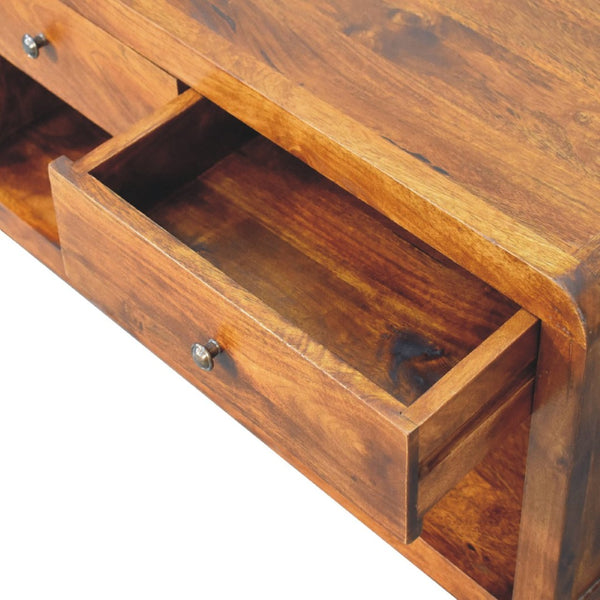HomeRoots 34" Chestnut Solid Wood Coffee Table with Functional Drawers & Stylish Lower Shelf for Storage 657791