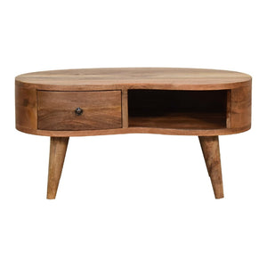 HomeRoots 28" Handcrafted Oak Free-Form Coffee Table with Storage Drawer & Shelf – Modern Home Accent Piece 657794