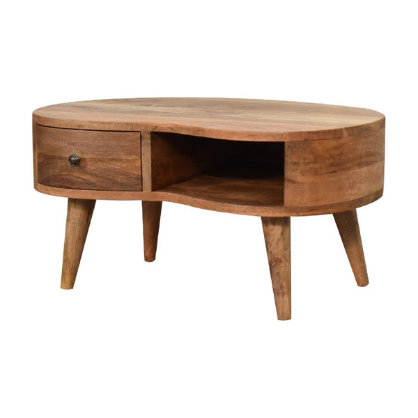 HomeRoots 28" Handcrafted Oak Free-Form Coffee Table with Storage Drawer & Shelf – Modern Home Accent Piece 657794