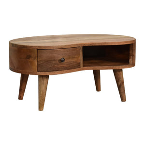 HomeRoots 28" Handcrafted Oak Free-Form Coffee Table with Storage Drawer & Shelf – Modern Home Accent Piece 657794