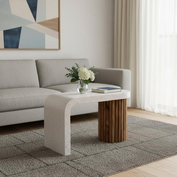 HomeRoots 28" White and Oak Abstract Coffee Table - Mid-Century Modern Terrazzo Design for Small Spaces 657795