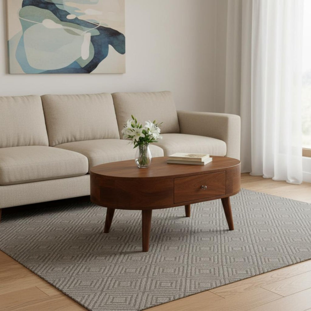 HomeRoots 26" Chestnut Solid Wood Oval Coffee Table with Built-in Storage Drawer for Timeless Elegance 657798