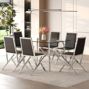 English Elm Table and Chair Set Round Walnut Mdf Top Six Seat Dining with Gold Accent Legs Black+Silver,Transparent W1151S04787