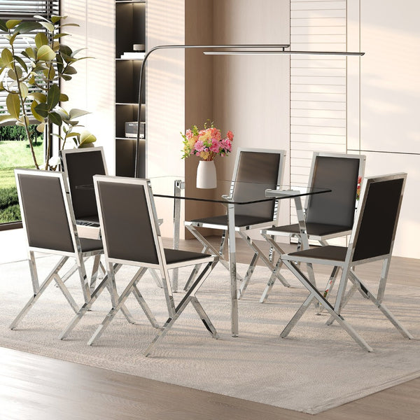 English Elm Table and Chair Set Round Walnut Mdf Top Six Seat Dining with Gold Accent Legs Black+Silver,Transparent W1151S04787