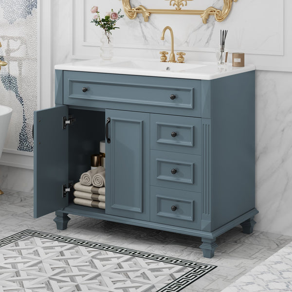 English Elm 36" Modern Bathroom Vanity with Ceramic Sink, Gold Handles, Flip-Out Drawer & Soft-Close Doors Blue Gray N725P283623C