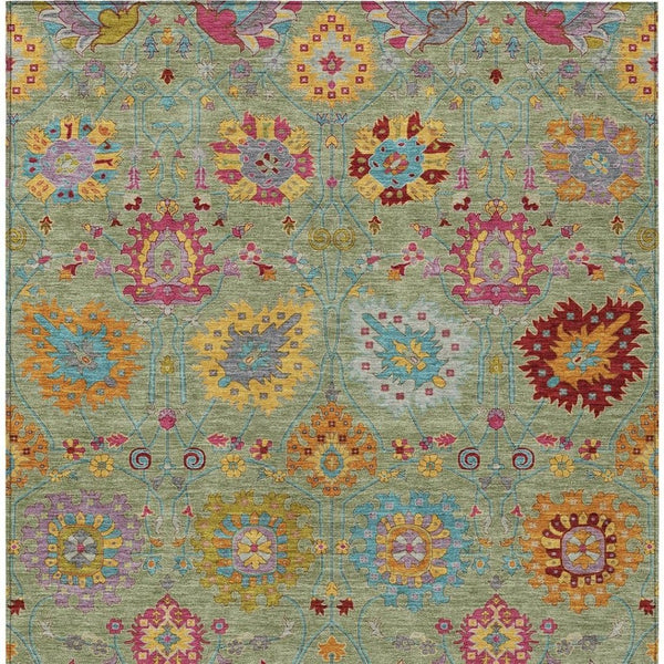 HomeRoots 5' Damask Area Rug in Artichoke Green, Gold & Pink – Washable, Durable for Indoor & Outdoor Use! 657800