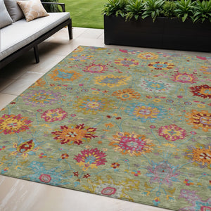 HomeRoots 5' Damask Area Rug in Artichoke Green, Gold & Pink – Washable, Durable for Indoor & Outdoor Use! 657800