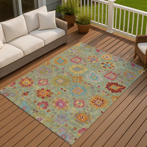HomeRoots 5' Damask Area Rug in Artichoke Green, Gold & Pink – Washable, Durable for Indoor & Outdoor Use! 657800