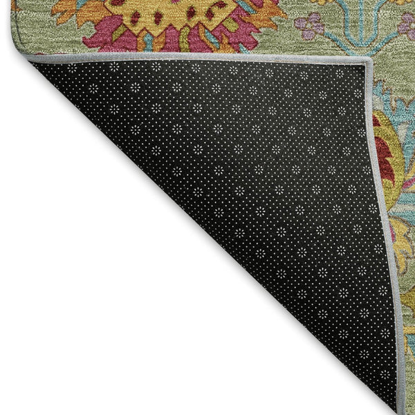 HomeRoots 5' Damask Area Rug in Artichoke Green, Gold & Pink – Washable, Durable for Indoor & Outdoor Use! 657800