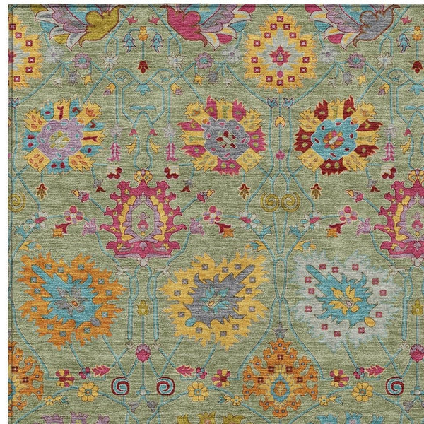 HomeRoots 5' Damask Area Rug in Artichoke Green, Gold & Pink – Washable, Durable for Indoor & Outdoor Use! 657800