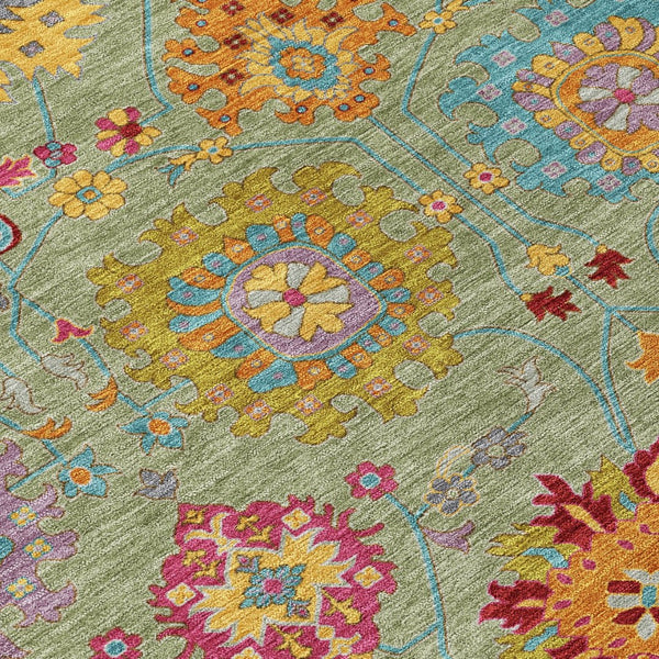 HomeRoots 5' Damask Area Rug in Artichoke Green, Gold & Pink – Washable, Durable for Indoor & Outdoor Use! 657800