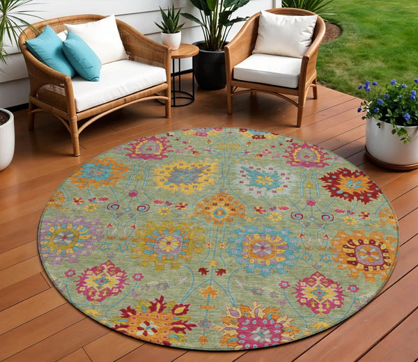 HomeRoots 8' Artichoke Green Gold Pink Round Damask Rug - Washable, Stylish, Durable for Indoor & Outdoor Use 657801