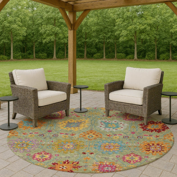 HomeRoots 8' Artichoke Green Gold Pink Round Damask Rug - Washable, Stylish, Durable for Indoor & Outdoor Use 657801