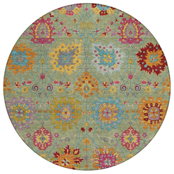 HomeRoots 8' Artichoke Green Gold Pink Round Damask Rug - Washable, Stylish, Durable for Indoor & Outdoor Use 657801