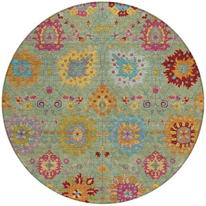 HomeRoots 8' Artichoke Green Gold Pink Round Damask Rug - Washable, Stylish, Durable for Indoor & Outdoor Use 657801