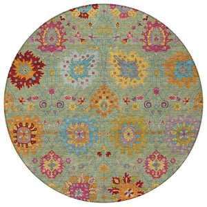 HomeRoots 8' Artichoke Green Gold Pink Round Damask Rug - Washable, Stylish, Durable for Indoor & Outdoor Use 657801
