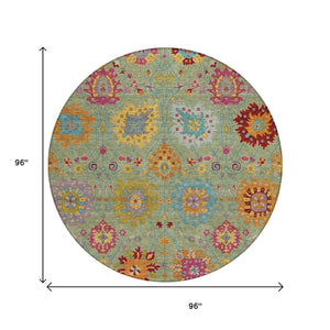 HomeRoots 8' Artichoke Green Gold Pink Round Damask Rug - Washable, Stylish, Durable for Indoor & Outdoor Use 657801