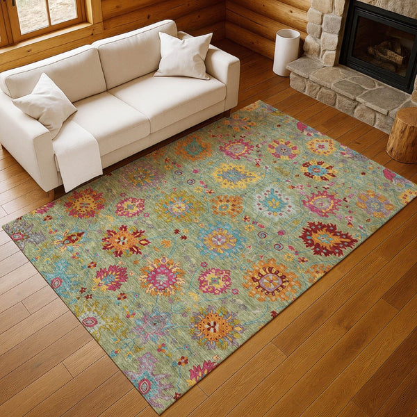 HomeRoots 8' X 10' Artichoke Green Damask Rug - Stylish, Washable, Stain-Resistant for Indoor & Outdoor Use 657802