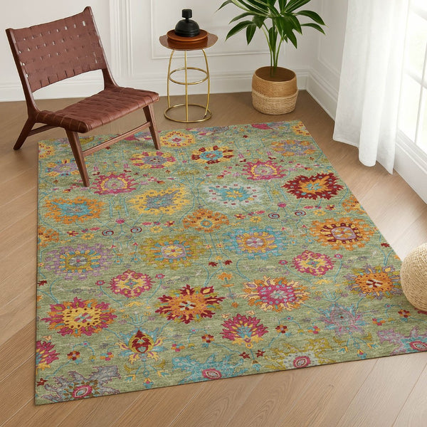 HomeRoots 8' X 10' Artichoke Green Damask Rug - Stylish, Washable, Stain-Resistant for Indoor & Outdoor Use 657802
