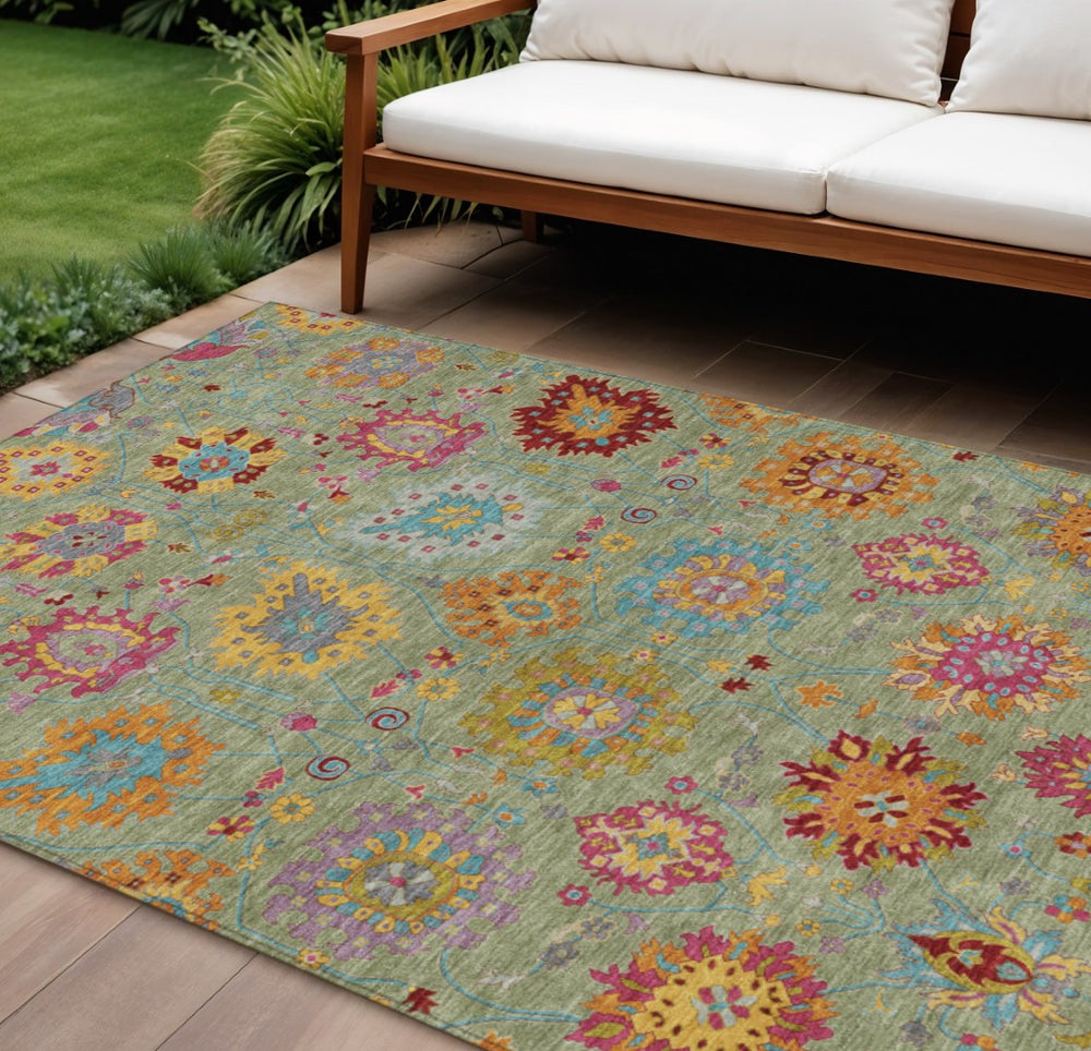 HomeRoots 9' Timeless Artichoke Green, Gold & Pink Damask Area Rug - Washable, Durable for Indoor/Outdoor Use! 657803