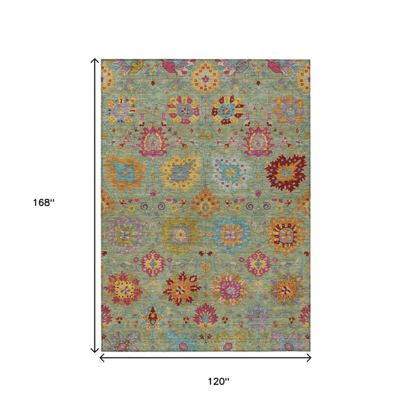HomeRoots 10' Elegant Artichoke Green Gold & Pink Damask Rug - Washable, Durable Indoor/Outdoor Decor! 657804
