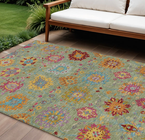 HomeRoots 10' Elegant Artichoke Green Gold & Pink Damask Rug - Washable, Durable Indoor/Outdoor Decor! 657804
