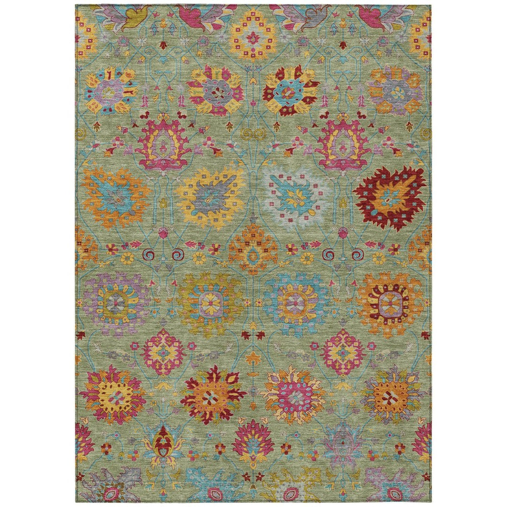 HomeRoots 10' Elegant Artichoke Green Gold & Pink Damask Rug - Washable, Durable Indoor/Outdoor Decor! 657804