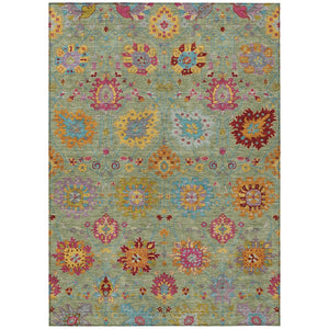HomeRoots 10' Elegant Artichoke Green Gold & Pink Damask Rug - Washable, Durable Indoor/Outdoor Decor! 657804