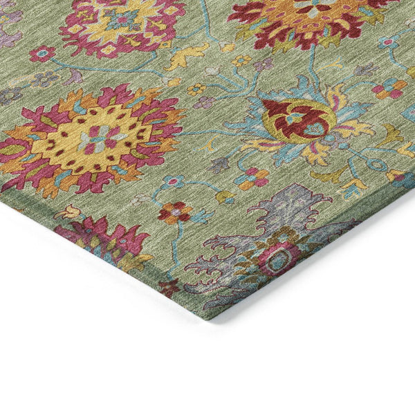 HomeRoots 10' Elegant Artichoke Green Gold & Pink Damask Rug - Washable, Durable Indoor/Outdoor Decor! 657804