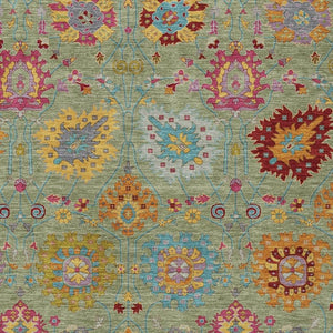 HomeRoots 10' Elegant Artichoke Green Gold & Pink Damask Rug - Washable, Durable Indoor/Outdoor Decor! 657804