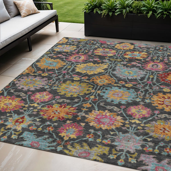 HomeRoots 5' Elegant Black Gold and Pink Damask Washable Area Rug - Versatile Indoor/Outdoor Decor Solution 657806