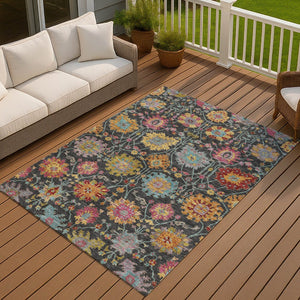 HomeRoots 5' Elegant Black Gold and Pink Damask Washable Area Rug - Versatile Indoor/Outdoor Decor Solution 657806