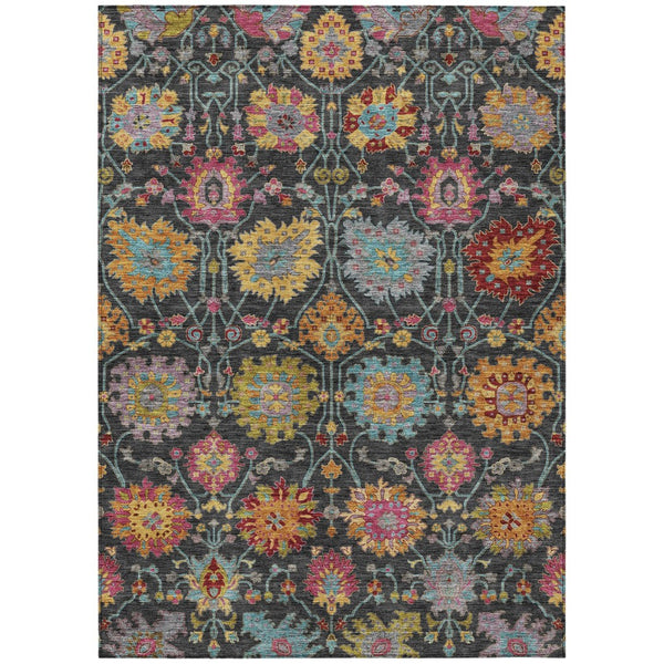 HomeRoots 5' Elegant Black Gold and Pink Damask Washable Area Rug - Versatile Indoor/Outdoor Decor Solution 657806
