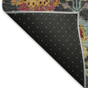 HomeRoots 5' Elegant Black Gold and Pink Damask Washable Area Rug - Versatile Indoor/Outdoor Decor Solution 657806