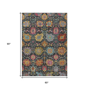 HomeRoots 5' Elegant Black Gold and Pink Damask Washable Area Rug - Versatile Indoor/Outdoor Decor Solution 657806