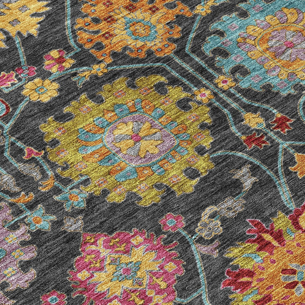 HomeRoots 5' Elegant Black Gold and Pink Damask Washable Area Rug - Versatile Indoor/Outdoor Decor Solution 657806
