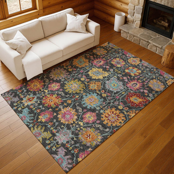 HomeRoots 5' Elegant Black Gold and Pink Damask Washable Area Rug - Versatile Indoor/Outdoor Decor Solution 657806