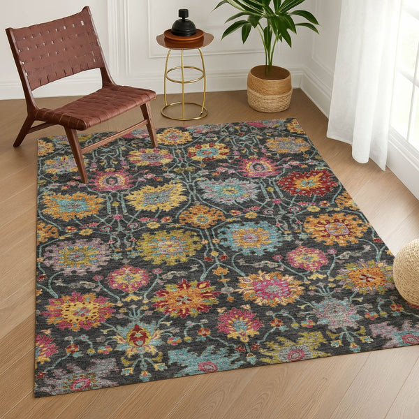 HomeRoots 5' Elegant Black Gold and Pink Damask Washable Area Rug - Versatile Indoor/Outdoor Decor Solution 657806