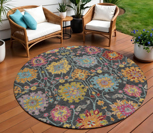HomeRoots 8' Elegant Round Damask Rug in Black, Gold & Pink - Washable, Durable for Indoor & Outdoor Use 657807
