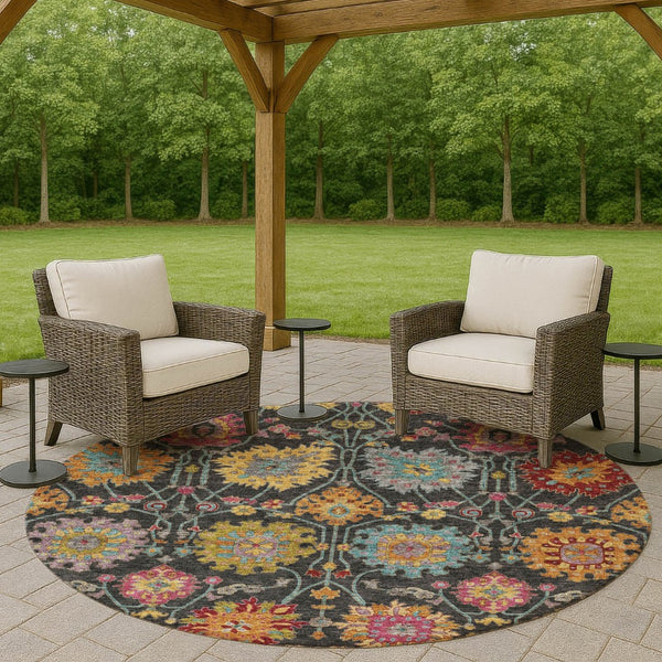 HomeRoots 8' Elegant Round Damask Rug in Black, Gold & Pink - Washable, Durable for Indoor & Outdoor Use 657807