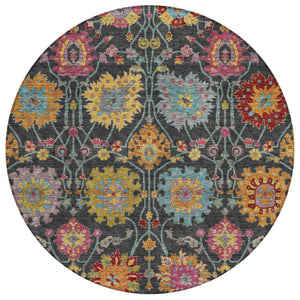 HomeRoots 8' Elegant Round Damask Rug in Black, Gold & Pink - Washable, Durable for Indoor & Outdoor Use 657807