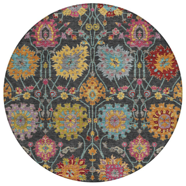 HomeRoots 8' Elegant Round Damask Rug in Black, Gold & Pink - Washable, Durable for Indoor & Outdoor Use 657807