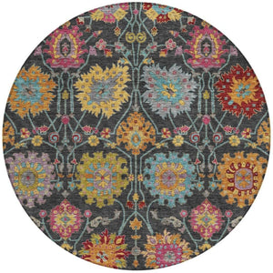 HomeRoots 8' Elegant Round Damask Rug in Black, Gold & Pink - Washable, Durable for Indoor & Outdoor Use 657807