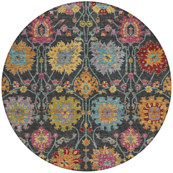 HomeRoots 8' Elegant Round Damask Rug in Black, Gold & Pink - Washable, Durable for Indoor & Outdoor Use 657807