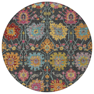 HomeRoots 8' Elegant Round Damask Rug in Black, Gold & Pink - Washable, Durable for Indoor & Outdoor Use 657807